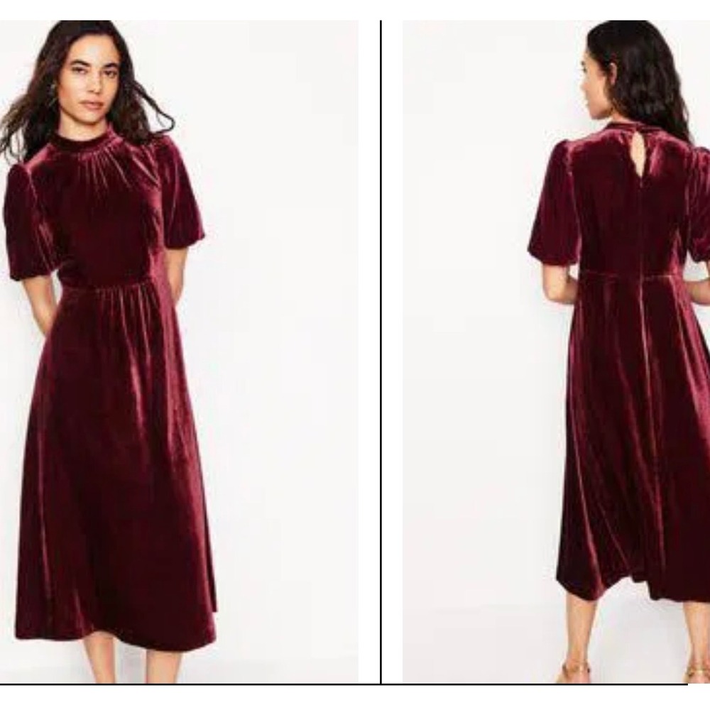 Boden Velvet Midi Dress in Deep Burgundy - Picture 2 of 8